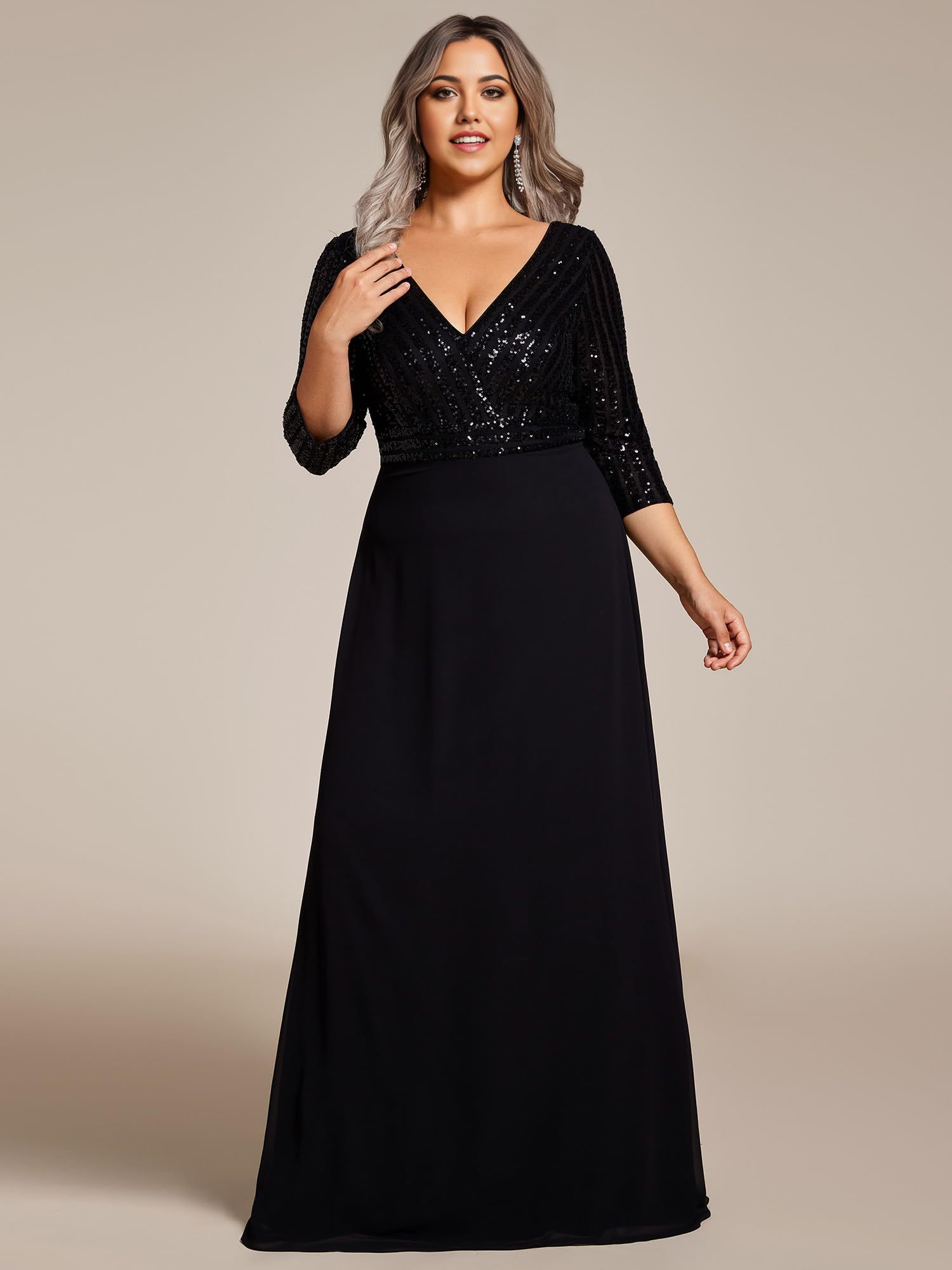 Vestidos formales de gasa con escote en V y lentejuelas brillantes de talla grande, sin mangas 3/4, para dama de honor, de noche, para fiesta de graduación